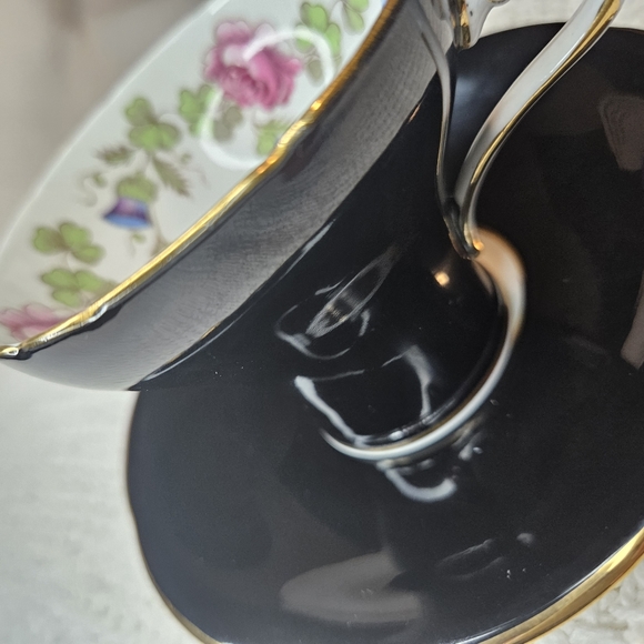 Ansley England Tea Cup and Saucer BLACK Floral Flowers Floral Design Teacup - Picture 6 of 16